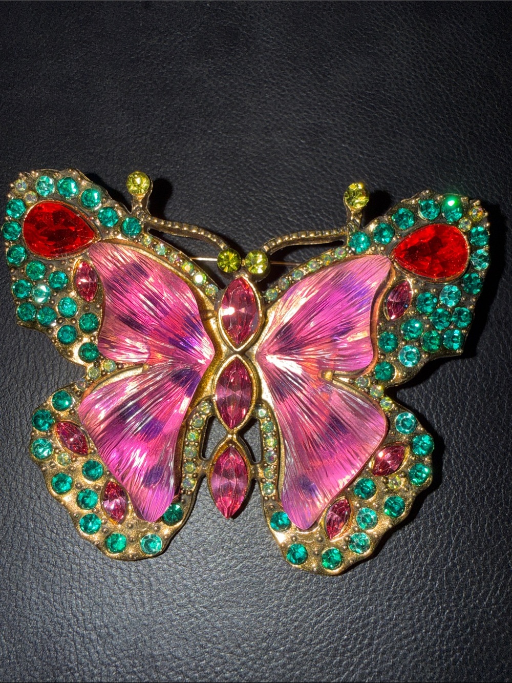 Pink and Green Butterfly Crystal Brooch - Unbranded